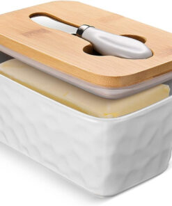 Large Ceramic Butter Dish with Lid & Knife – Double Silicone Seal. White Stoneware for Countertop & Farmhouse Decor