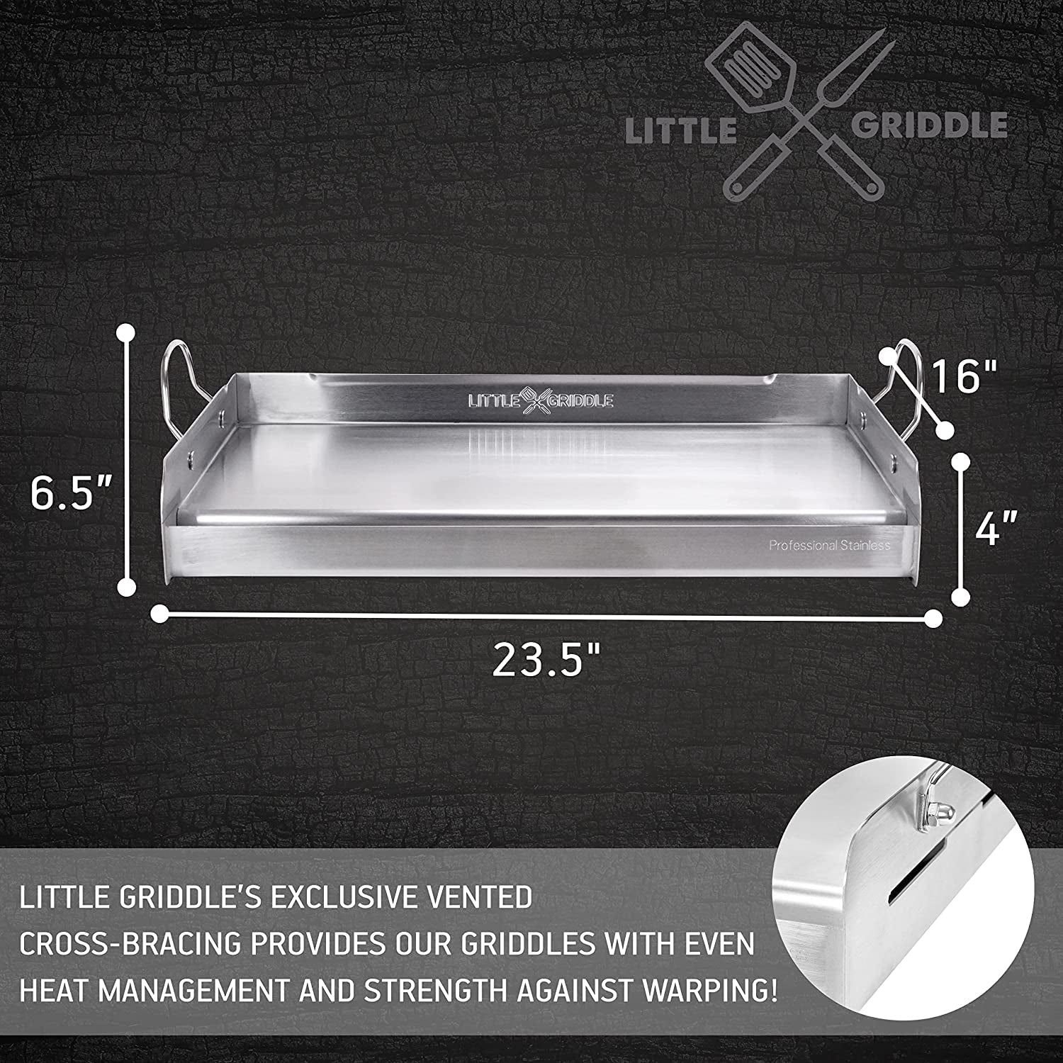 Griddle-Q GQ230 100% Stainless Steel Professional Quality Griddle with Even Heat Cross Bracing and Removable Handles for Charcoal/Gas Grills. Camping. Tailgating. Parties (25X16X6.5) - Image 7