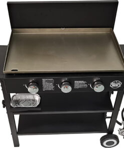 Outdoor Griddle Grill Propane Gas Flat Top - Hood Included. 4 Shelves. Disposable Grease Cups. 36.000 Btu'S. Large Cooking Area. Paper Towel Holder.