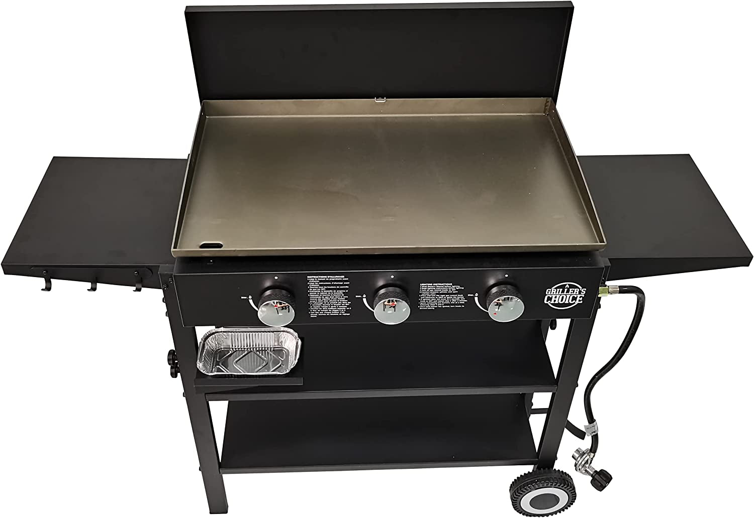 Outdoor Griddle Grill Propane Gas Flat Top - Hood Included. 4 Shelves. Disposable Grease Cups. 36.000 Btu'S. Large Cooking Area. Paper Towel Holder.