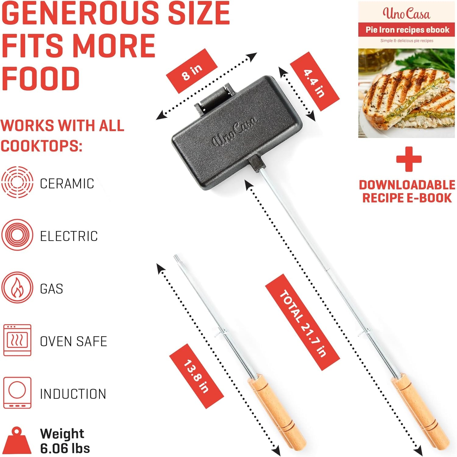 Uno Casa - XL Pie Irons Cast Iron Sandwich Maker - Mountain Japanese Sandwich Maker with Recipe Book - Durable Campfire Cooking Equipment for Toasted Pies. and More - Image 4