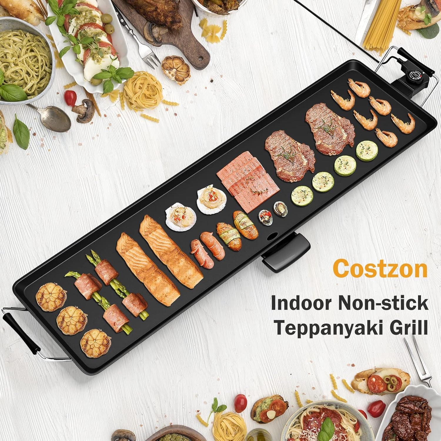 Costzon 35 Electric Griddle Teppanyaki Grill BBQ. Nonstick Extra Large Griddle Long Countertop Grill with Adjustable Temperature & Drip Tray. Indoor Outdoor Cooking Plates for Pancake Barbecue - Image 5