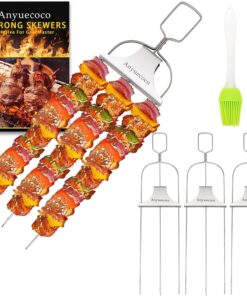 Anyuecoco Skewers for Kabobs.14 Inch 3-Prong Kabob Skewers for Grilling.Stainless Steel Skewer.With Push Bar Reusable Metal Skewer.Kabob Sticks.Perfect for Meat.Chicken.Sausages.Veggies.Shrimp (2 Pcs)