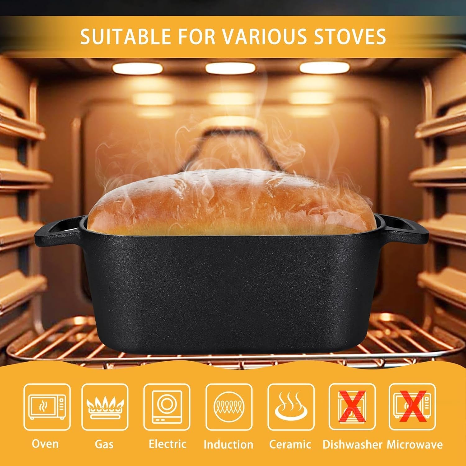 3.6QT Oval Dutch Oven for Bread Baking - Pre-Seasoned Cast Iron Sourdough Bread Pan with Lid - Image 3