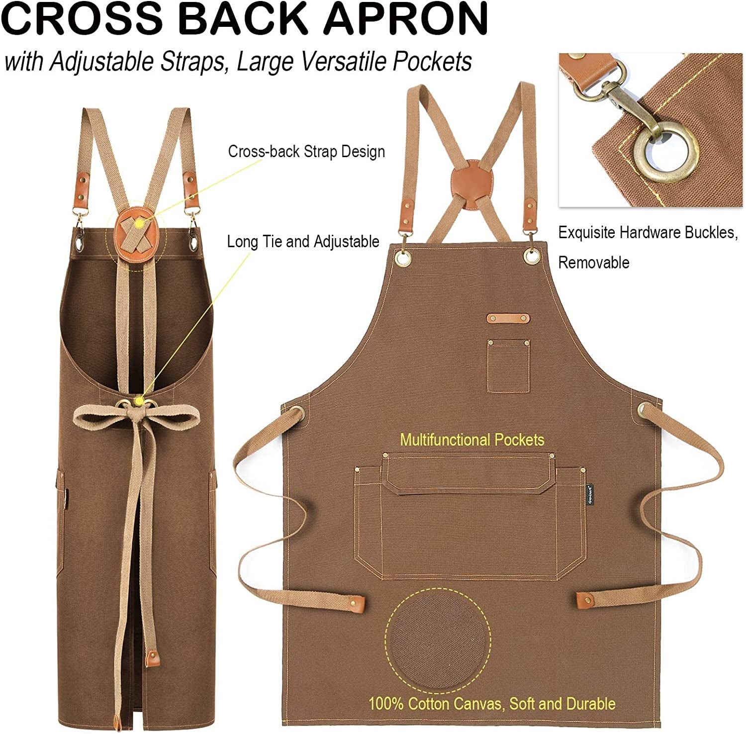 Chef Apron for Men Women with Gift Box Pack. Cross Back Apron with Pockets for Kitchen Cooking Baking Artist Painting. Cotton Canvas Work Aprons for Shop. Garden. Restaurant. Cafe (Brown. M to XXL) - Image 3