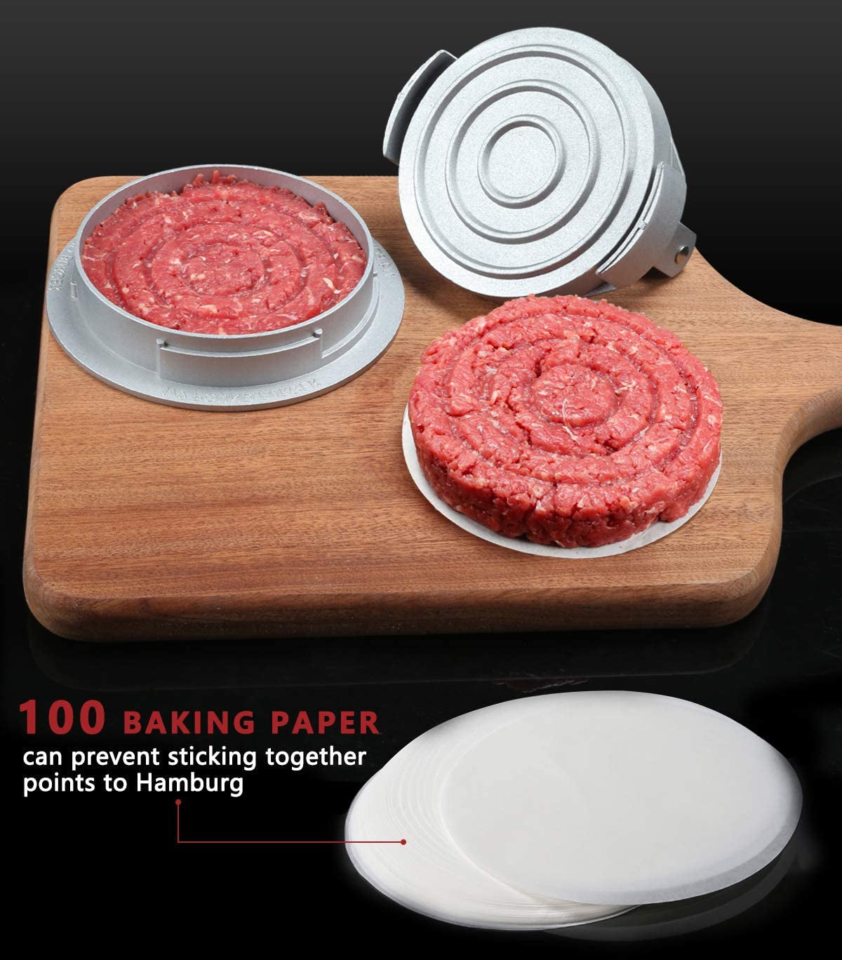 OVOS Burger Press Adjustable Thickness 3 in 1 Hamburger Patty Maker Aluminum Non Stick Patty Making Mold with 100 Wax Papers for Burgers and Meat Patties - Image 6