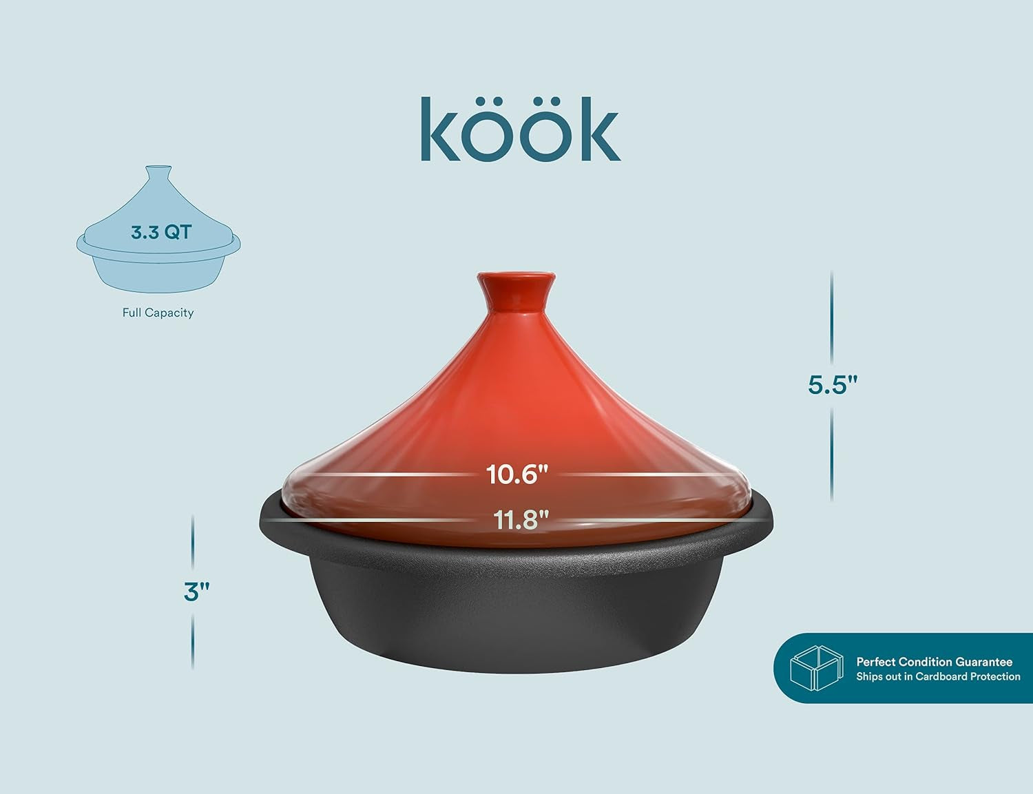 Kook Moroccan Tagine. Enameled Cast Iron Cooking Pot. Tajine with Ceramic Cone-Shaped Closed Lid. 3.3 QT. (Crimson) - Image 6