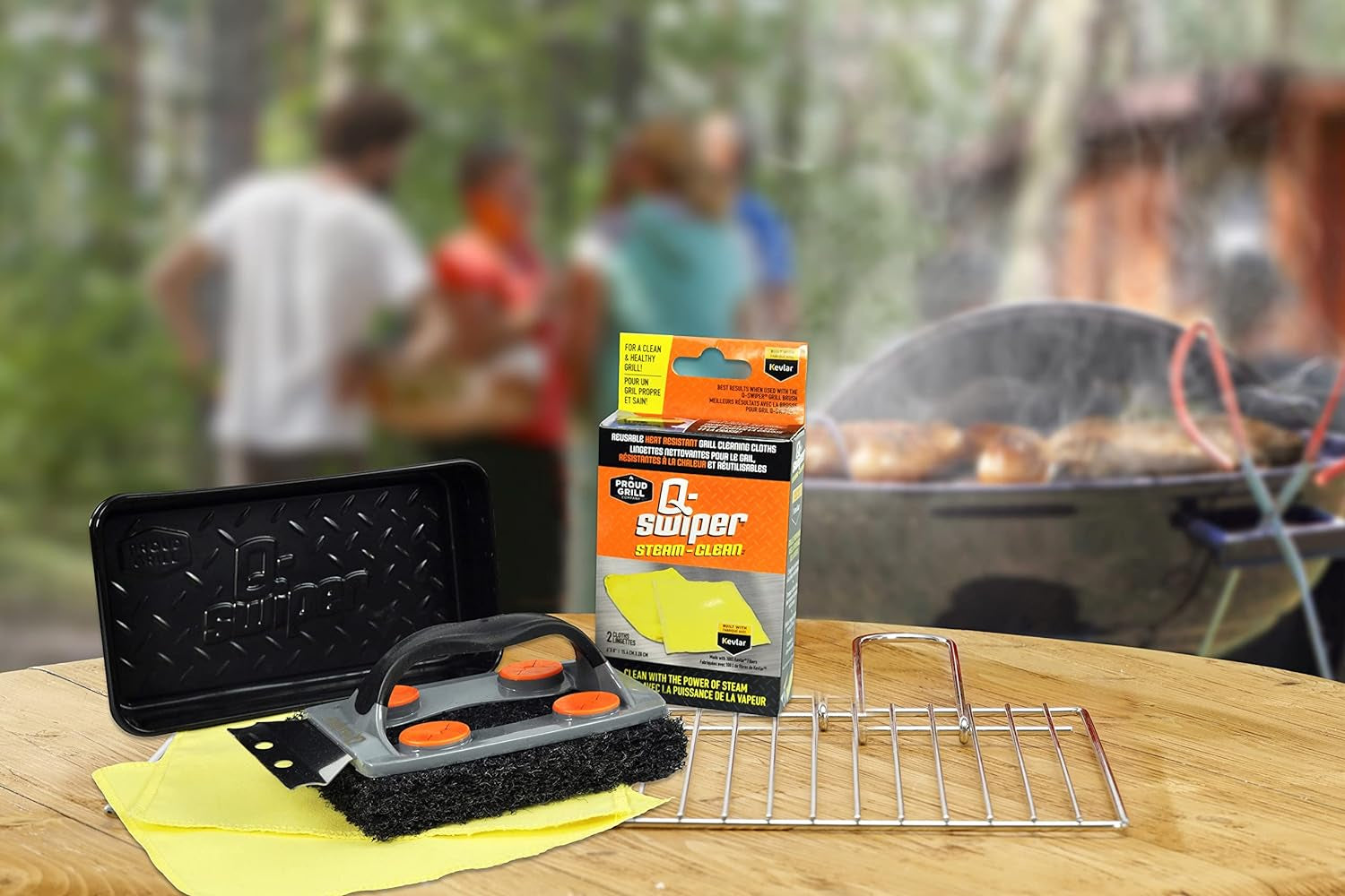 Q-Swiper Steam Clean BBQ Grill Cleaner Set - 1 Grill Brush with Scraper. 2 Heat Resistant Kevlar® Cloths. 1 Tray | Bristle Free | Safe Way to Steam Away Grill Grease & Grime - Image 8