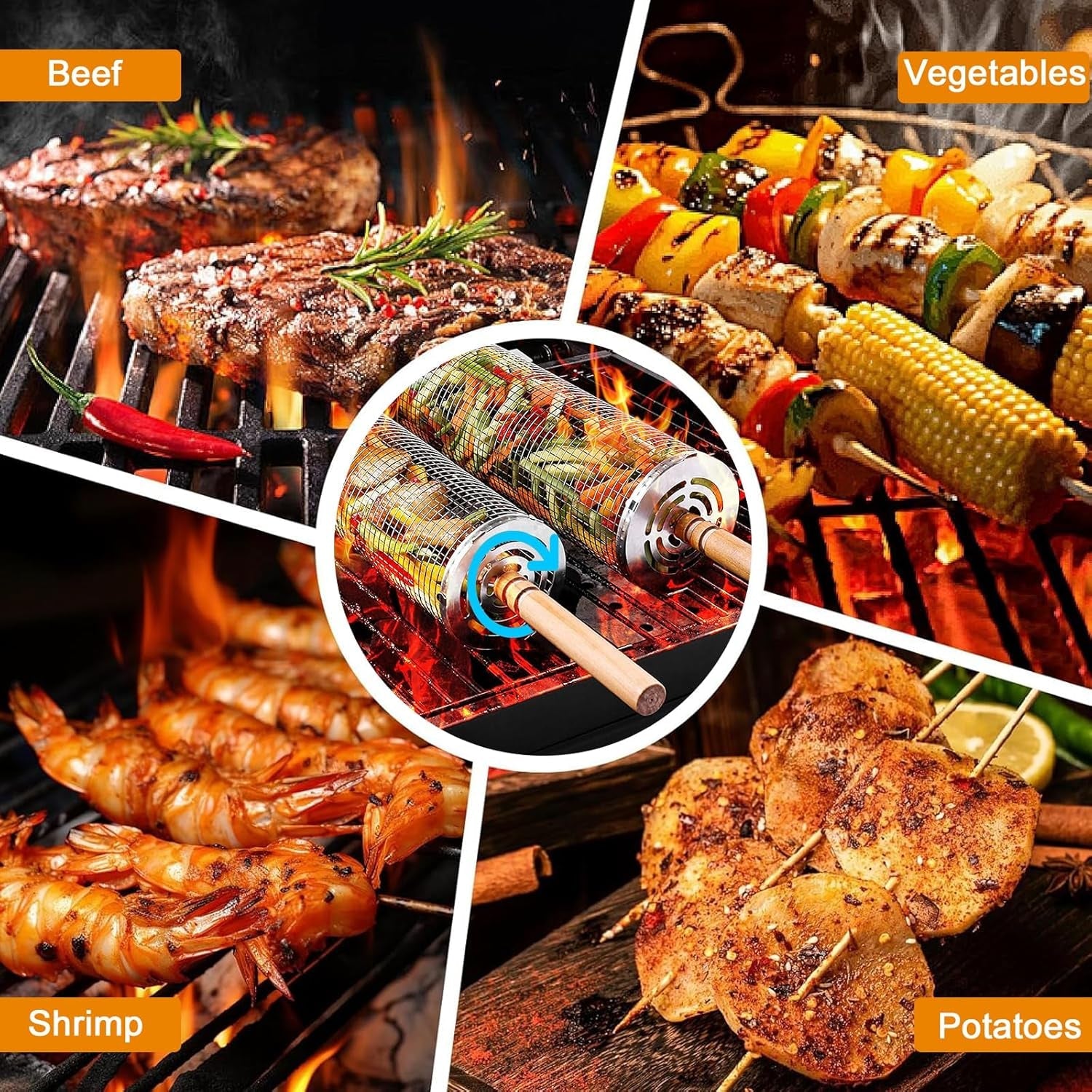 Rolling Grilling Baskets for Outdoor Grill 2 Pcs.Removable Wooden Handle.Perfect Gifts for Men Dad Husband.Portable Camping Nesting Grill Baskets for Fish. Shrimp. Meat. Vegetables - Image 3