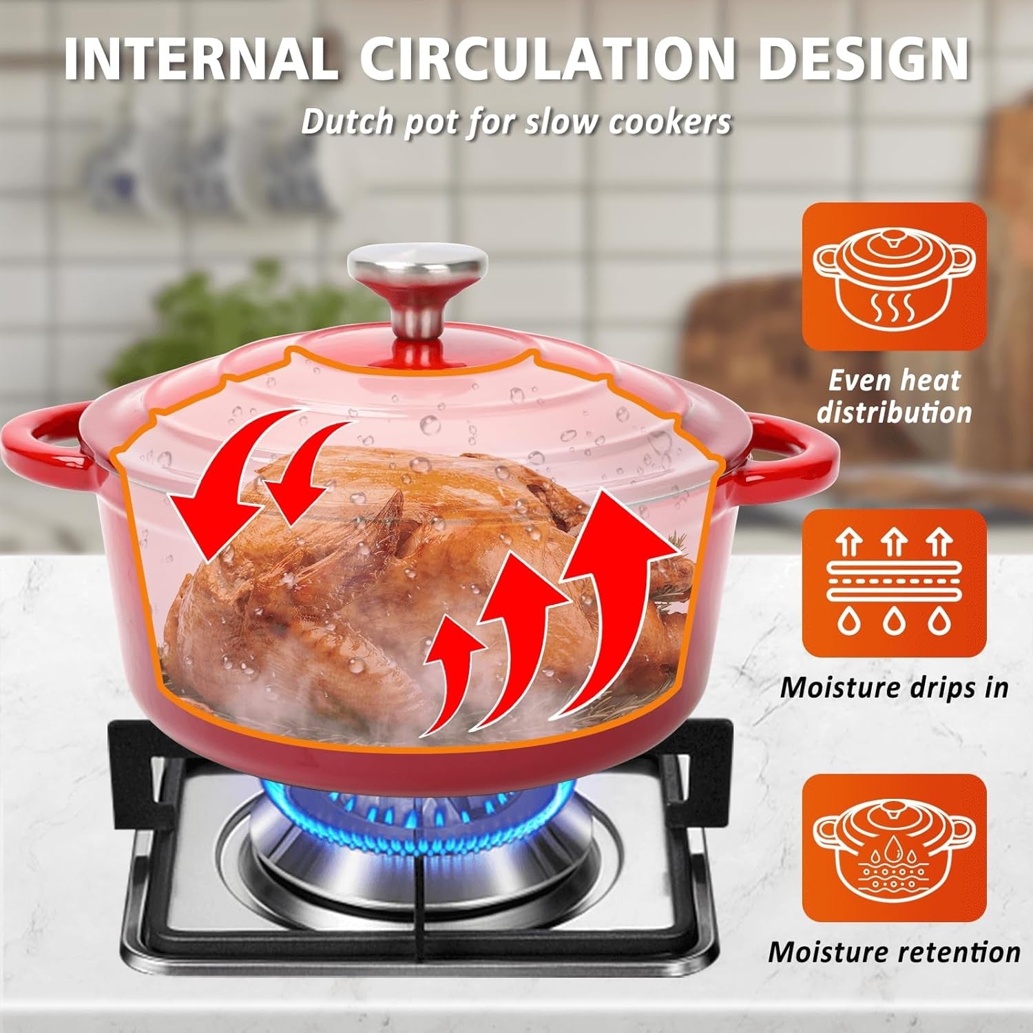 Hisencn Enameled Cast Iron Cookware Set - 7 Piece Set of Dutch Ovens. Sauce Pan. Skillet. 3 Lids. Dutch Oven Set. Ceramic Coated Cast Iron. Heavy Duty. Gas/Induction Compatible. PFA Free (Rouge Red) - Image 4