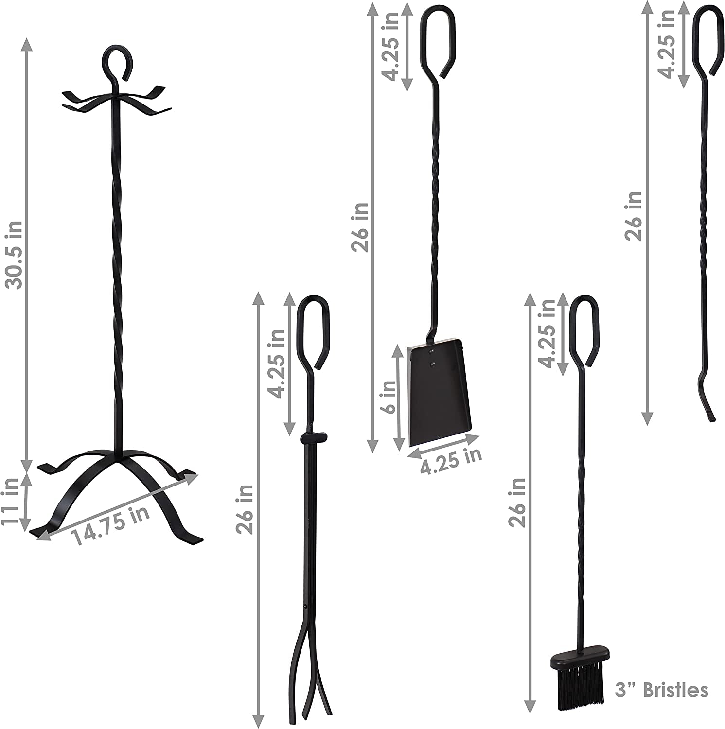 Sunnydaze 4-Piece Fireplace Tool Set with Stand - Heavy-Duty Black Steel Poker. Shovel. Log Grabber and Broom - Image 3