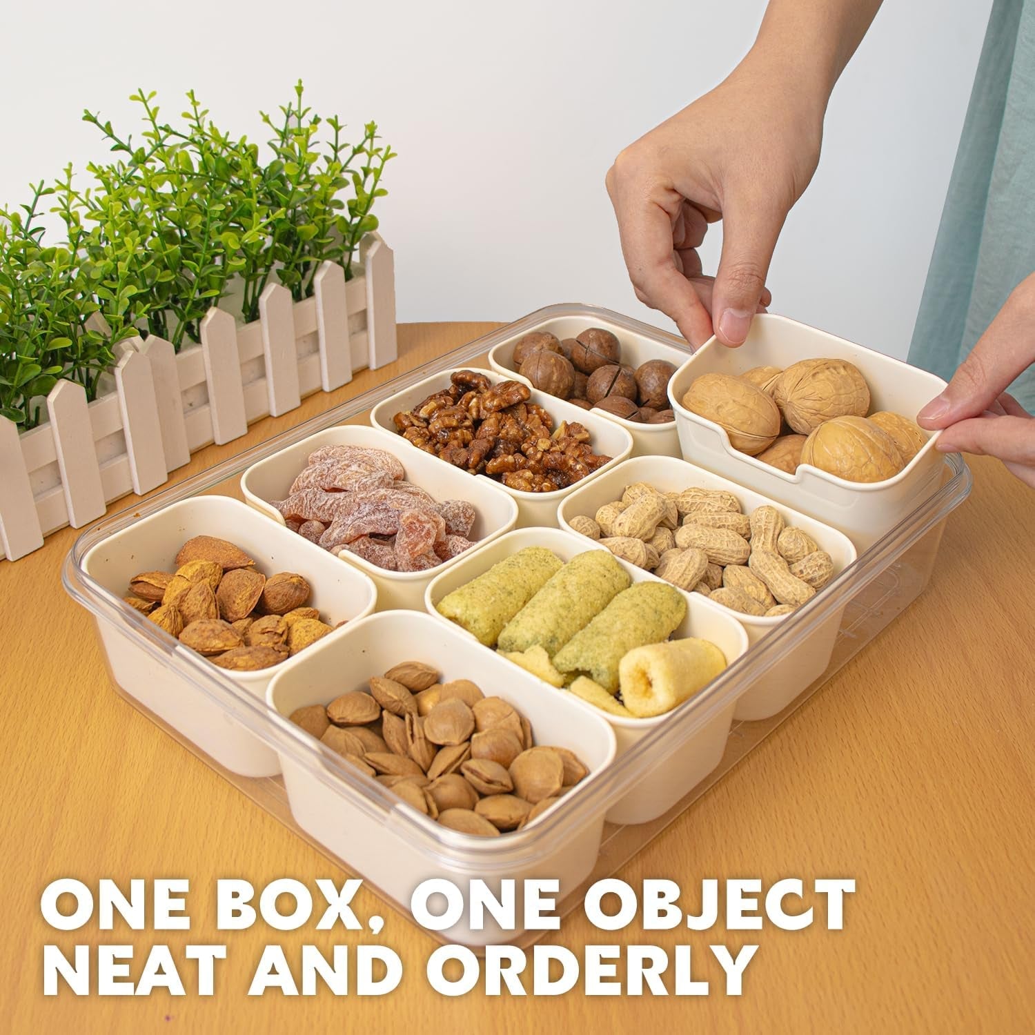 Divided Serving Tray with Lid and Handle.8 Compartments Snacks Box.Snack Fruit and Veggie Tray.Portable Platter for Candy Fruits Nuts Snack Party Entertaining Picnic (1 PCS) - Image 6