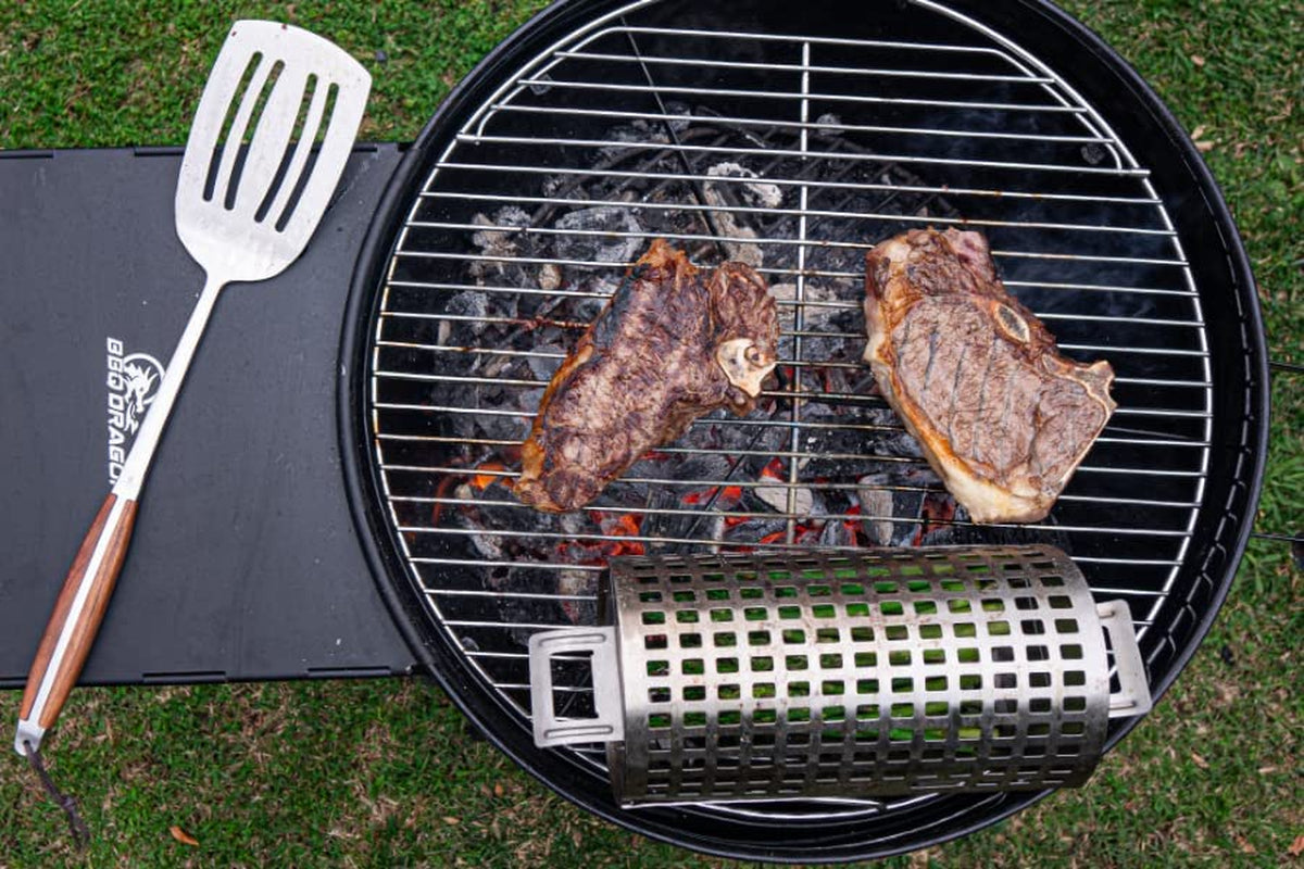 BBQ Dragon | Rolling Grill Basket | Food Grade Stainless Steel Grilling Basket | 13.5X5.6 Cylinder | Vegetables. Shrimp. Fish. Chicken Wings | Snap Close Lid | Dishwasher Safe | Grilling Accessory - Image 6