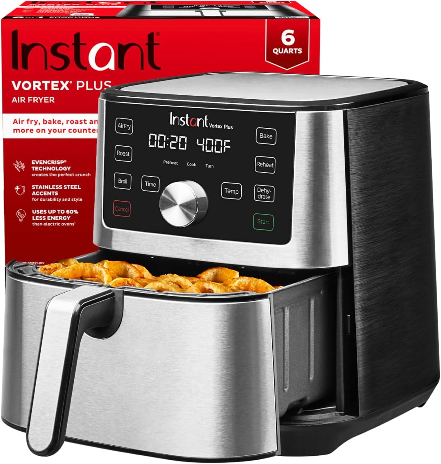 Instant Pot Vortex plus 6QT XL Air Fryer. 6-In-1. Broils. Dehydrates. Crisps. Roasts. Reheats. Bakes for Quick Easy Meals. 100+ In-App Recipes. Dishwasher-Safe. from the Makers of Instant Pot. Black