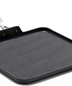 OXO Enhanced 11 Griddle Pan. Pfas-Free Ceramic Nonstick. Durable Hard Anodized Cookware. Scratch Resistant. Stainless Steel Handle. Good Grips. Dishwasher Safe. Oven Safe. Black