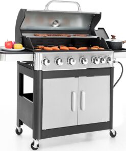 Sophia & William 6-Burner Propane Gas BBQ Grill with Side Burner & Porcelain-Enameled Cast Iron Grates. Stainless Steel Barbecue Grills Outdoor Cooking for Outside. 665 SQ.IN. Cooking Area. 65.800BTU