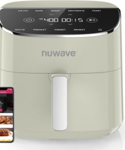 Nuwave Brio plus Air Fryer 8 Qt. New & Improved. PFAS-FREE. 7 Digital One-Touch Cook Functions That AIR FRY. BAKE. ROAST. DEHYDRATE. TOAST. REHEAT. PREHEAT. 150 Presets. 50°F~400°F (Cream)