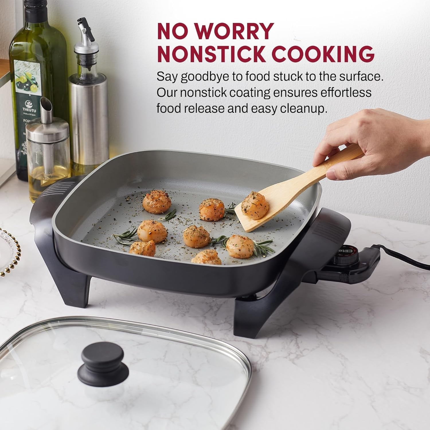 Elite Gourmet EG2212 12X12X2.15 Ceralast™ PFAS Free Ceramic Electric Skillet. Dishwasher Safe. Rapid Heat Up. 1200W. Dark Grey - Image 5