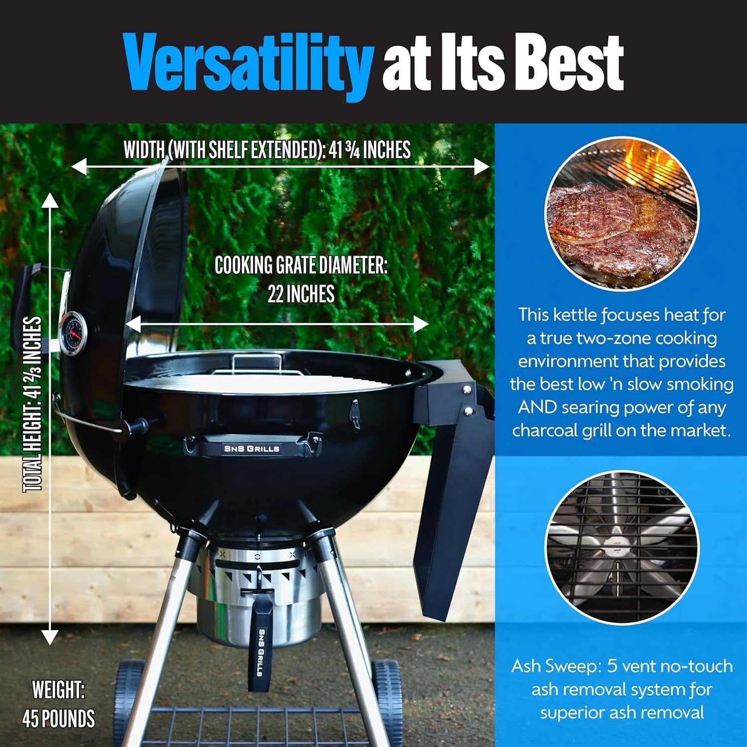 Sns Grills Original Kettle Charcoal Grill with Patented Slow 'N Sear Deluxe Insert and Easyspin Grate for Two-Zone Cooking. Low 'N Slow Smoking and Bbqing - Black 22-Inch - Image 6