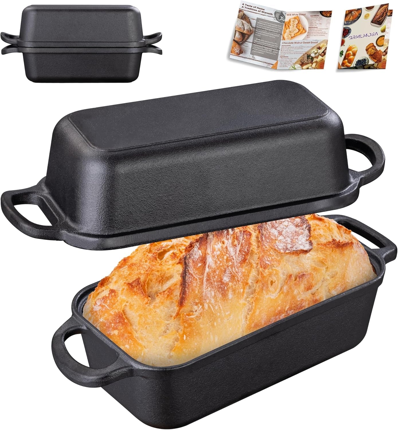 Grmimosa 2 in 1 Cast Iron Bread Loaf Pan with Lid. Loaf Pans for Baking Bread 9X5. Even Heat Distribution for Meatloaf. Homemade Bread - Image 8