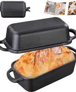Grmimosa 2 in 1 Cast Iron Bread Loaf Pan with Lid. Loaf Pans for Baking Bread 9X5. Even Heat Distribution for Meatloaf. Homemade Bread