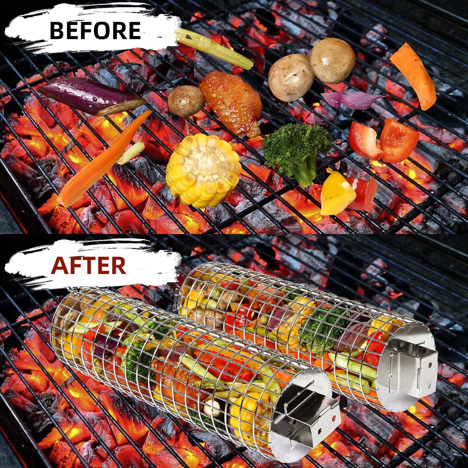 CEBERVICE Rolling Grilling Baskets. SUS304 Stainless Steel. REMOVABLE WOODEN HANDLE. Portable BBQ Outdoor Camping round Cylinder Grilling Rack for Fish. Vegetables. Shrimp. Barbeque Griller Cooking Accessories Gifts for Men. Dad. Father. Husband - Image 6