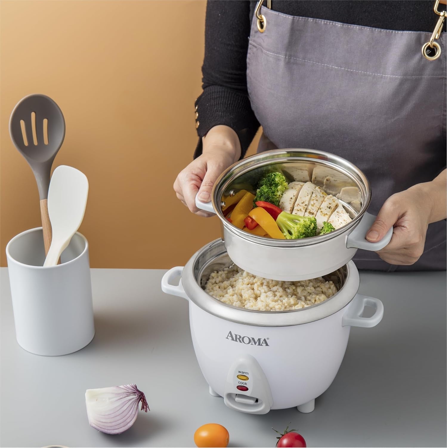 Aroma Housewares 6-Cup (Cooked Yield ) / 1.2Qt. Select Stainless Pot-Style Rice Cooker. & Food Steamer. One-Touch Operation. White - Image 6