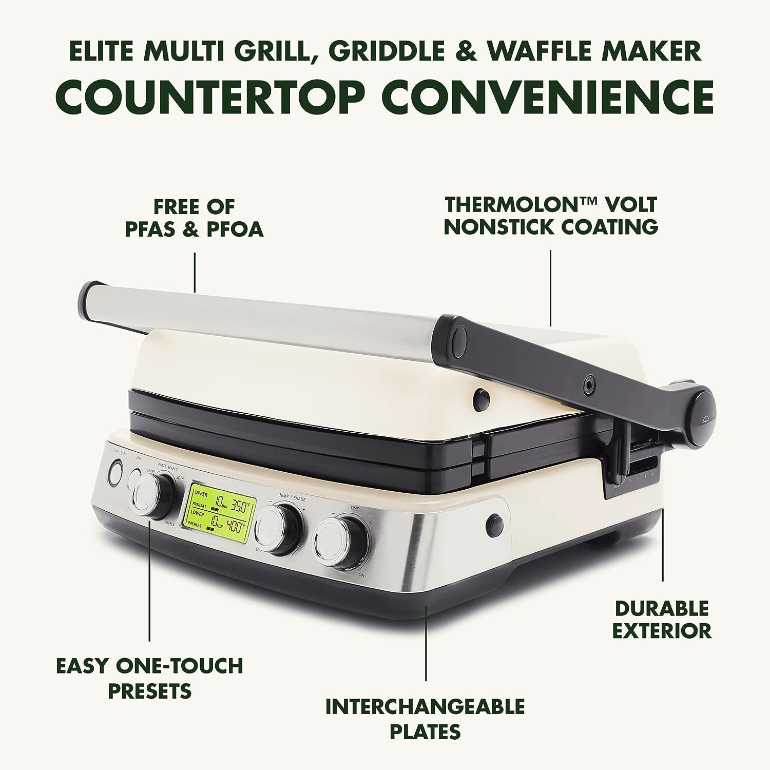 Elite 7-In-1 Multi-Function Contact Grill & Griddle. Healthy Ceramic Nonstick Aluminum. Two Sets of Grill & Waffle Plates. Adjustable Shade & Shear. Closed Press/Open Flat Surface.Cream White - Image 4
