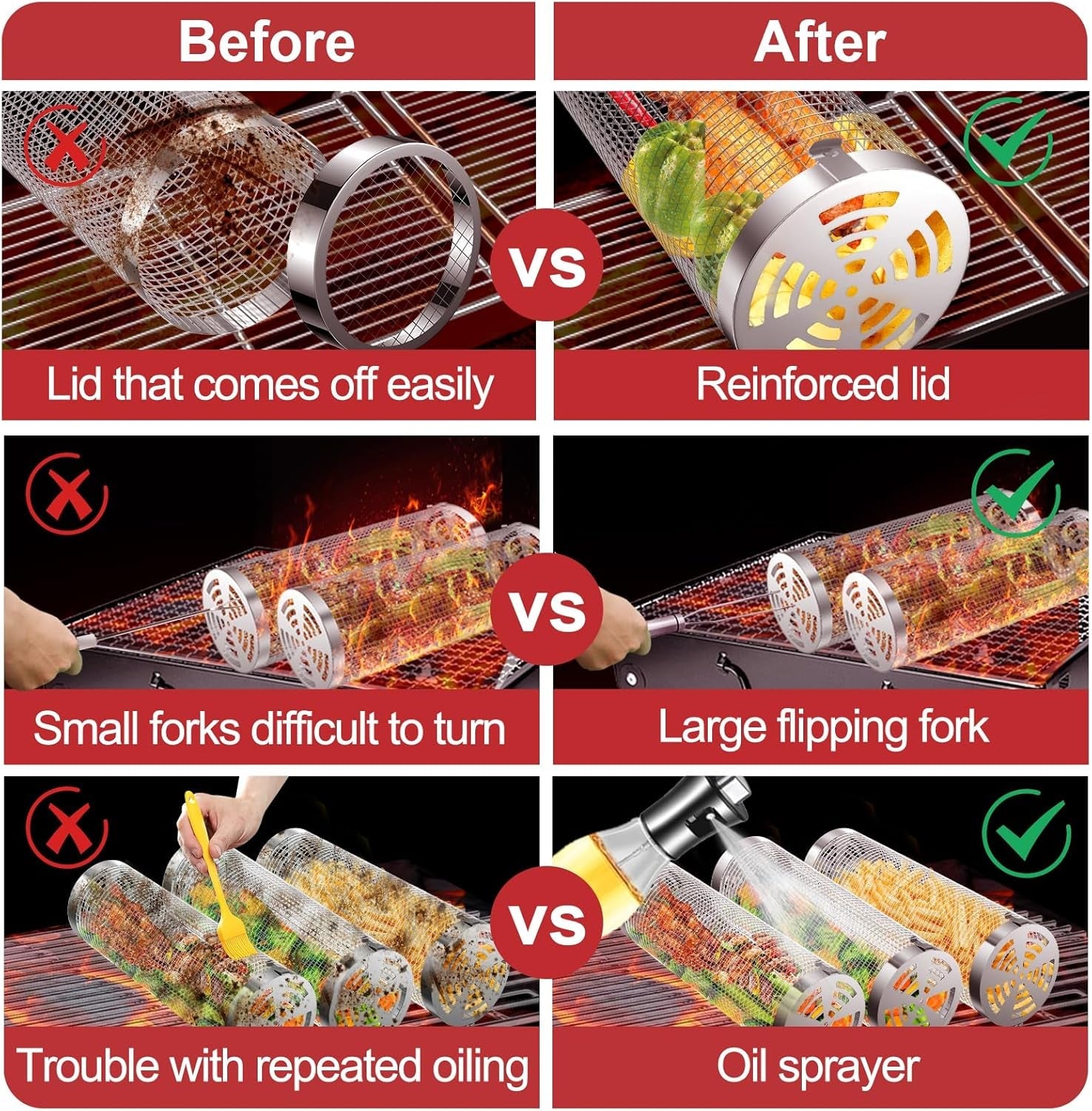 Grill Basket 2 PCS. Rolling Grill Baskets for Outdoor Grill. Grilling Accessories. Stainless Steel BBQ Net Tube Baskets with Oil Sprayer for Veggies. Shrimp. Grilling Gifts for Men - Image 3