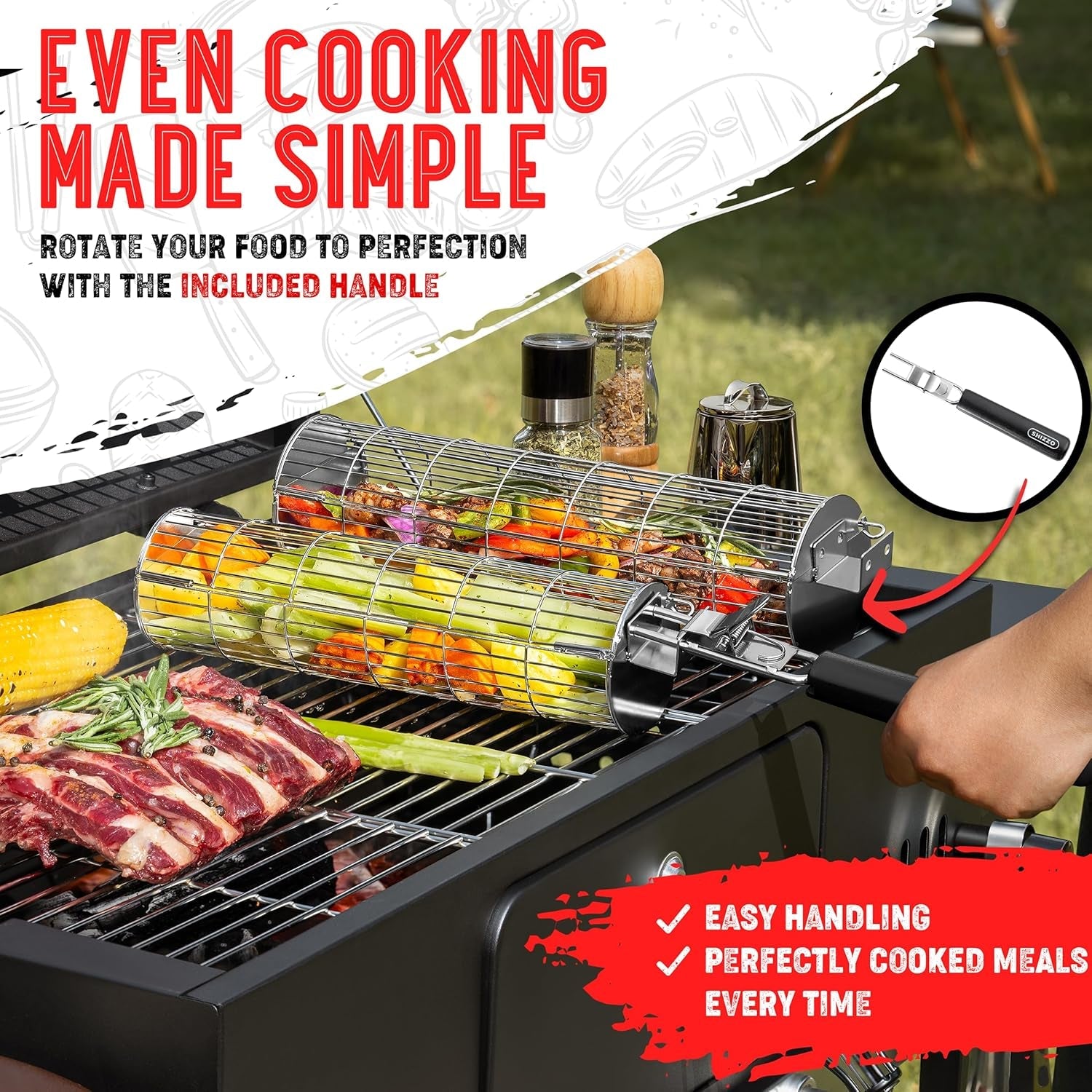 Rolling Grill Basket. New Opening Design. Extra Sturdy Cylinder Grilling Basket. Food Grade Stainless Steel. Large Portable Outdoor Camping Accessories BBQ Net Rack. Cooking Griller for Fish. Vegetables. and More - Gifts for Men Dad Husband - Set of 2 - Image 2