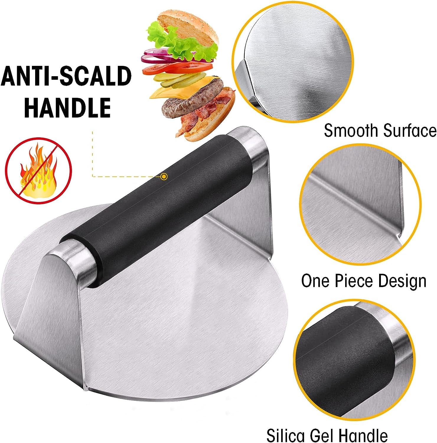 PMYEK Burger Press with Anti-Scald Handle. 5.5 Inch Stainless Steel Burger Smasher. round Non-Stick Hamburger Press for Griddle. Griddle Accessories Kit for Flat Grill Cooking - Image 3