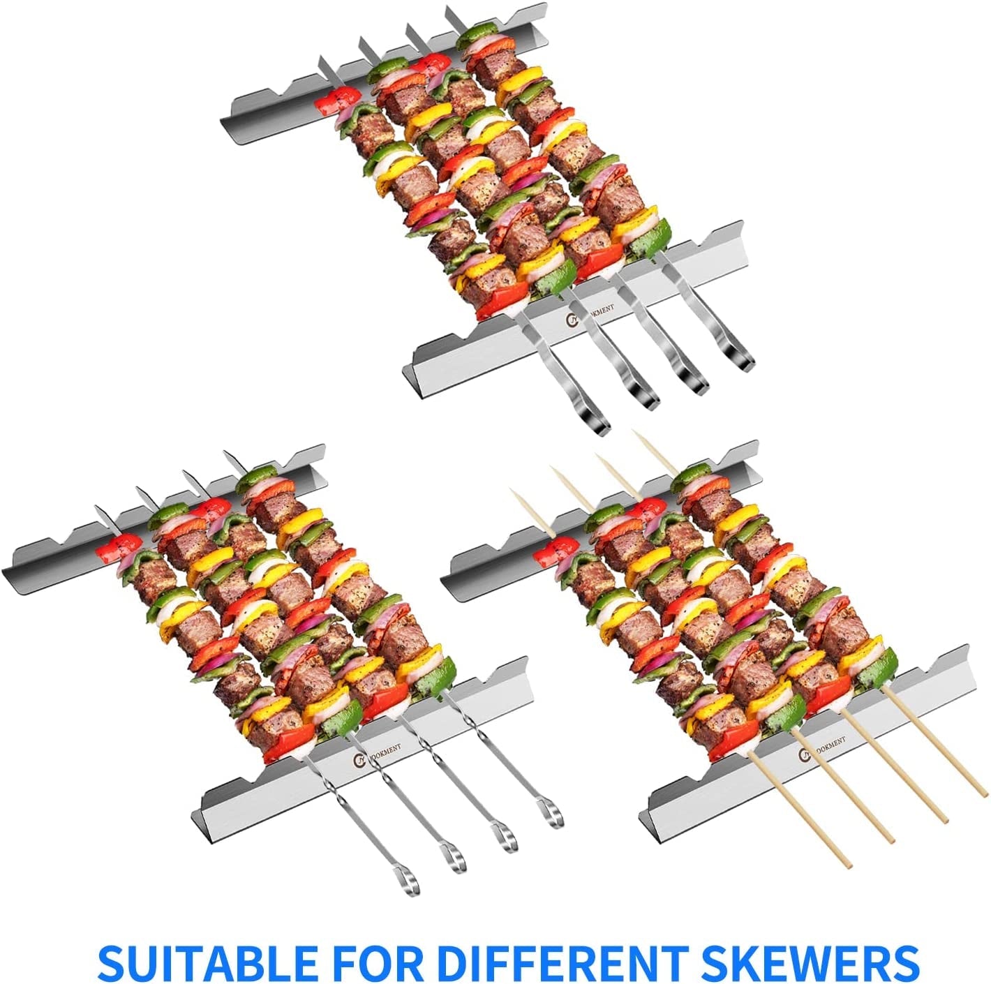 Kabob Skewers Stainless Steel Long BBQ Barbecue Skewers. Flat Metal Kebob Sticks Wide Reusable Grilling Skewers for Meat Chicken.Set of 9 Including 2 Barbeecue Rack with Storage Bag - Image 2