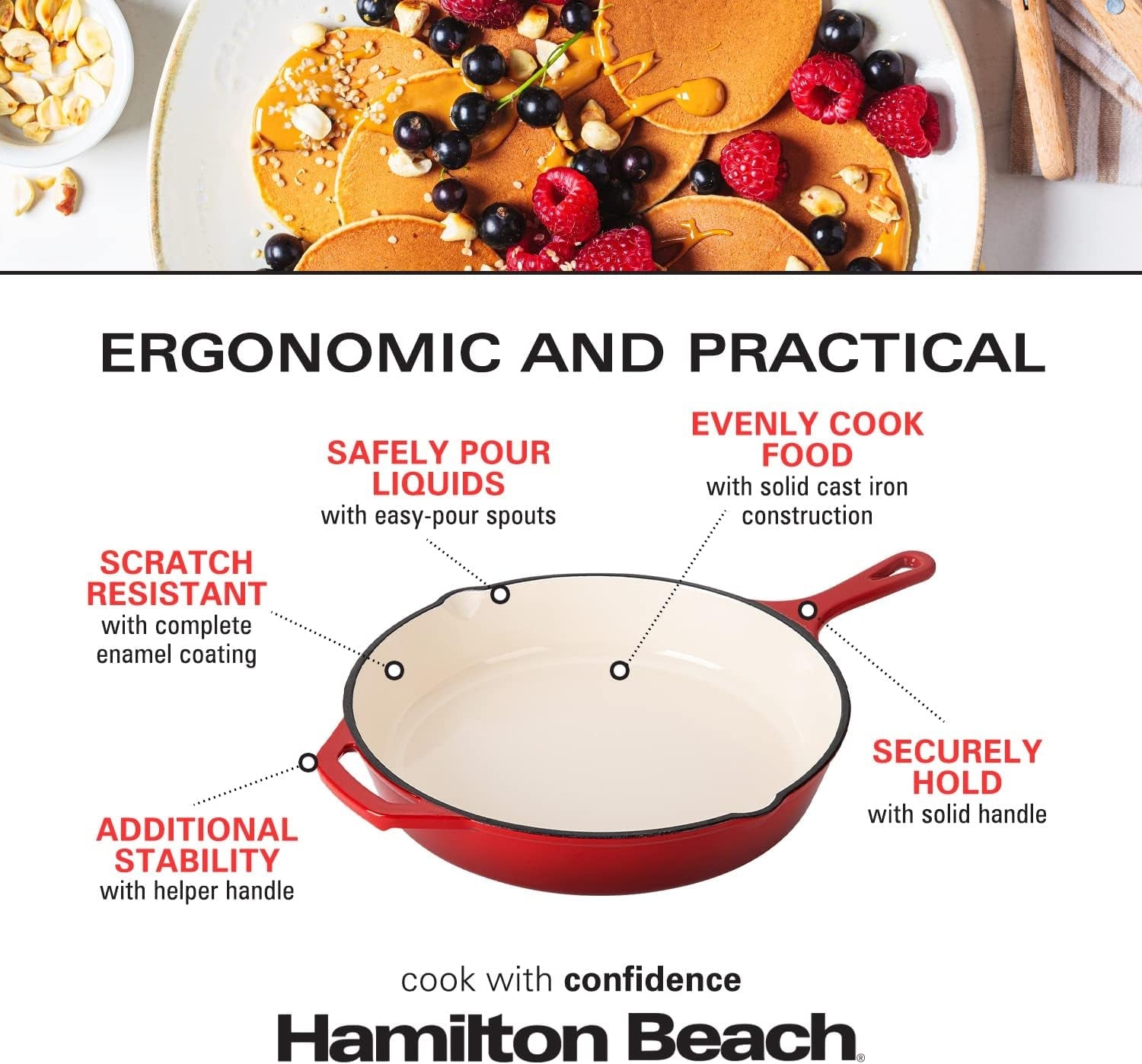 Hamilton Beach Enameled Cast Iron Fry Pan 12-Inch Red. Cream Enamel Coating. Skillet Pan for Stove Top and Oven - Image 5