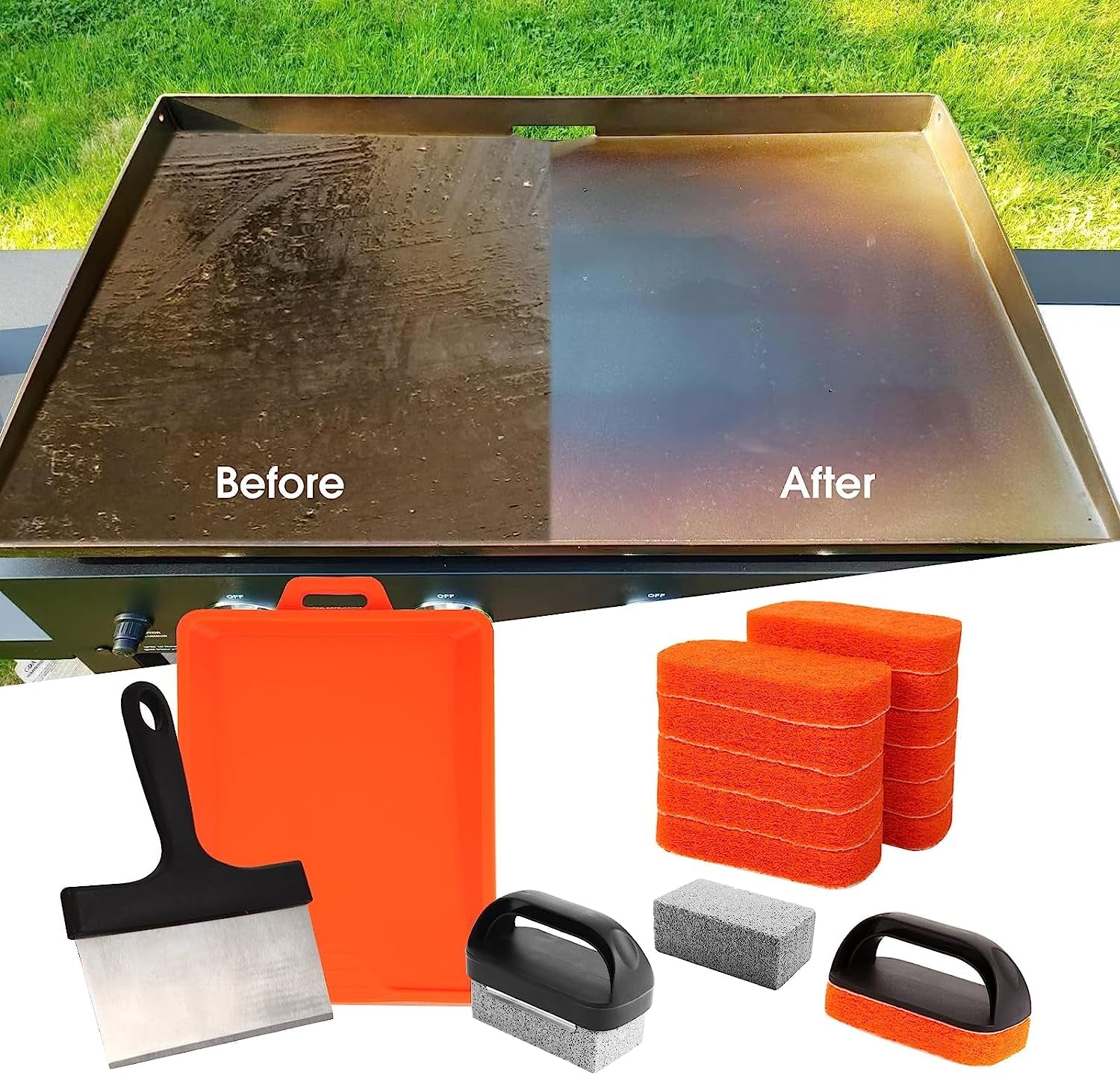 Upgraded Griddle Cleaning Kit for Blackstone 18 Pieces Flat Top Grill Accessories Cleaner Tool Set with Scraper. Heat-Resistant Silicone Spatula Mat with Hanger. Cleaning Brick. Scouring Pads - Image 4