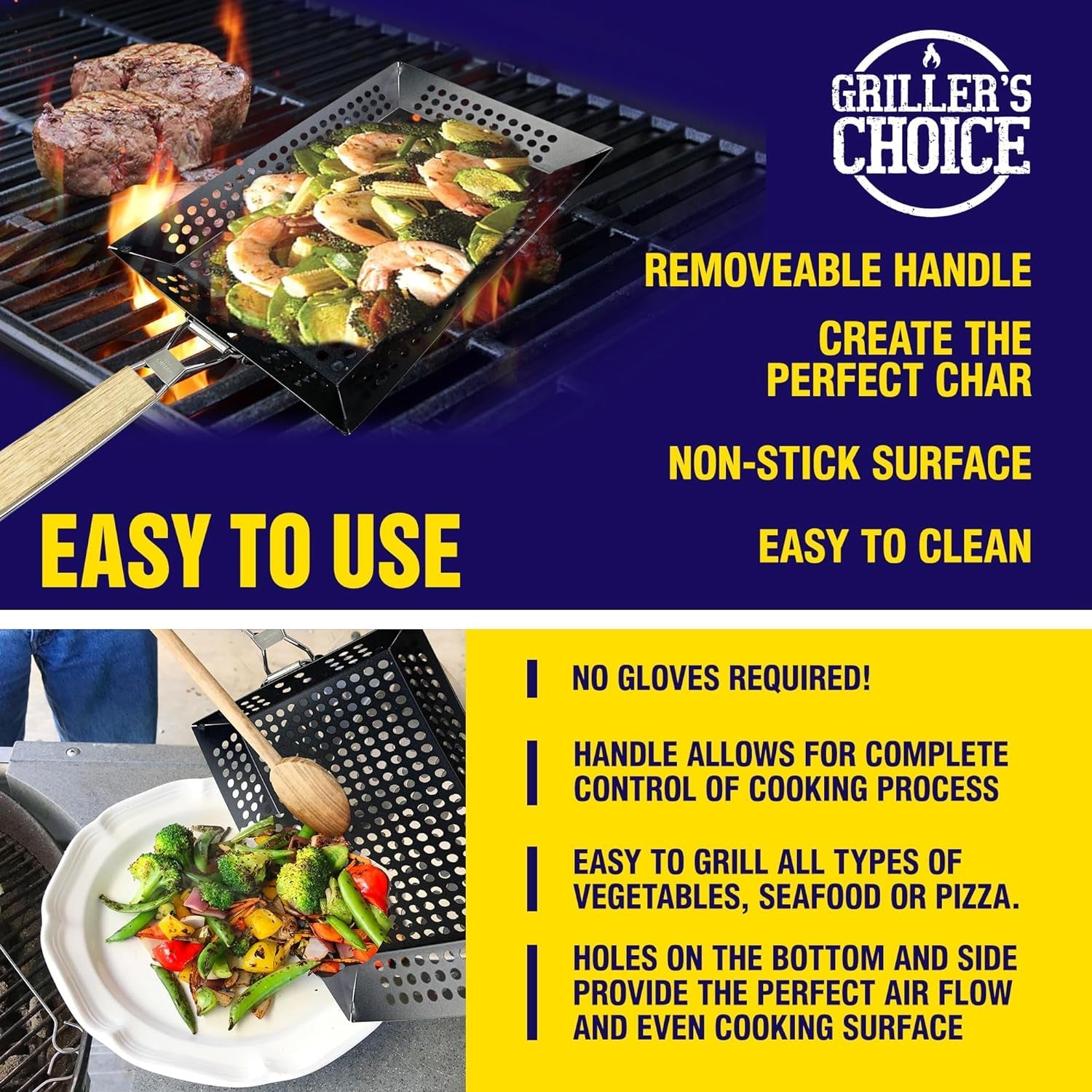 Griller'S Choice Rectangular Grill Basket with Removeable Handle - Large Non-Stick Commercial Basket with Handle for Outdoor Grilling. Designed by Chef. BBQ Judge. BBQ Grill Accessory Grill Pan. - Image 3