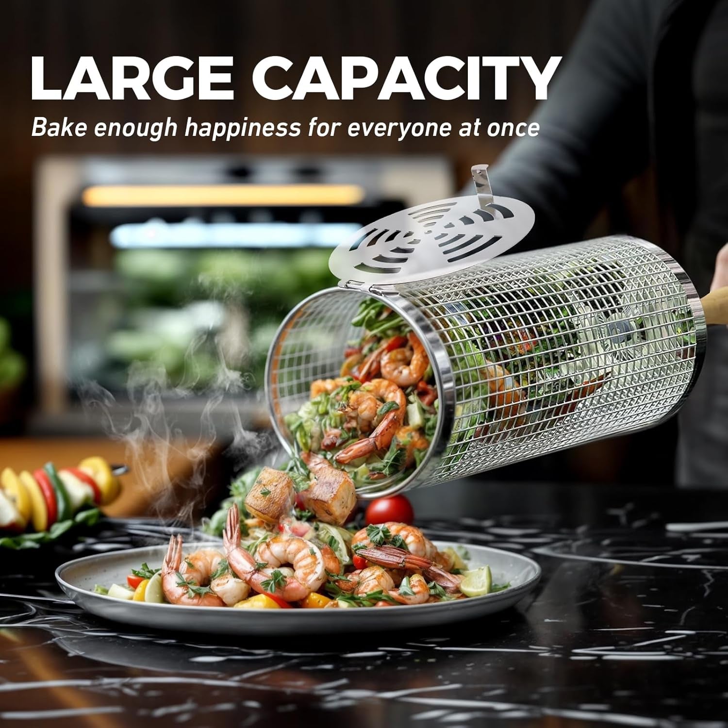 Rolling Grill Basket(2Pcs). Removable Wooden Handle. 304 Stainless Steel. Grilling Accessories Tools for Vegetables Meat Food. Outdoor Camping Grilling. Birthday Gifts for Men Husband Men - Image 4