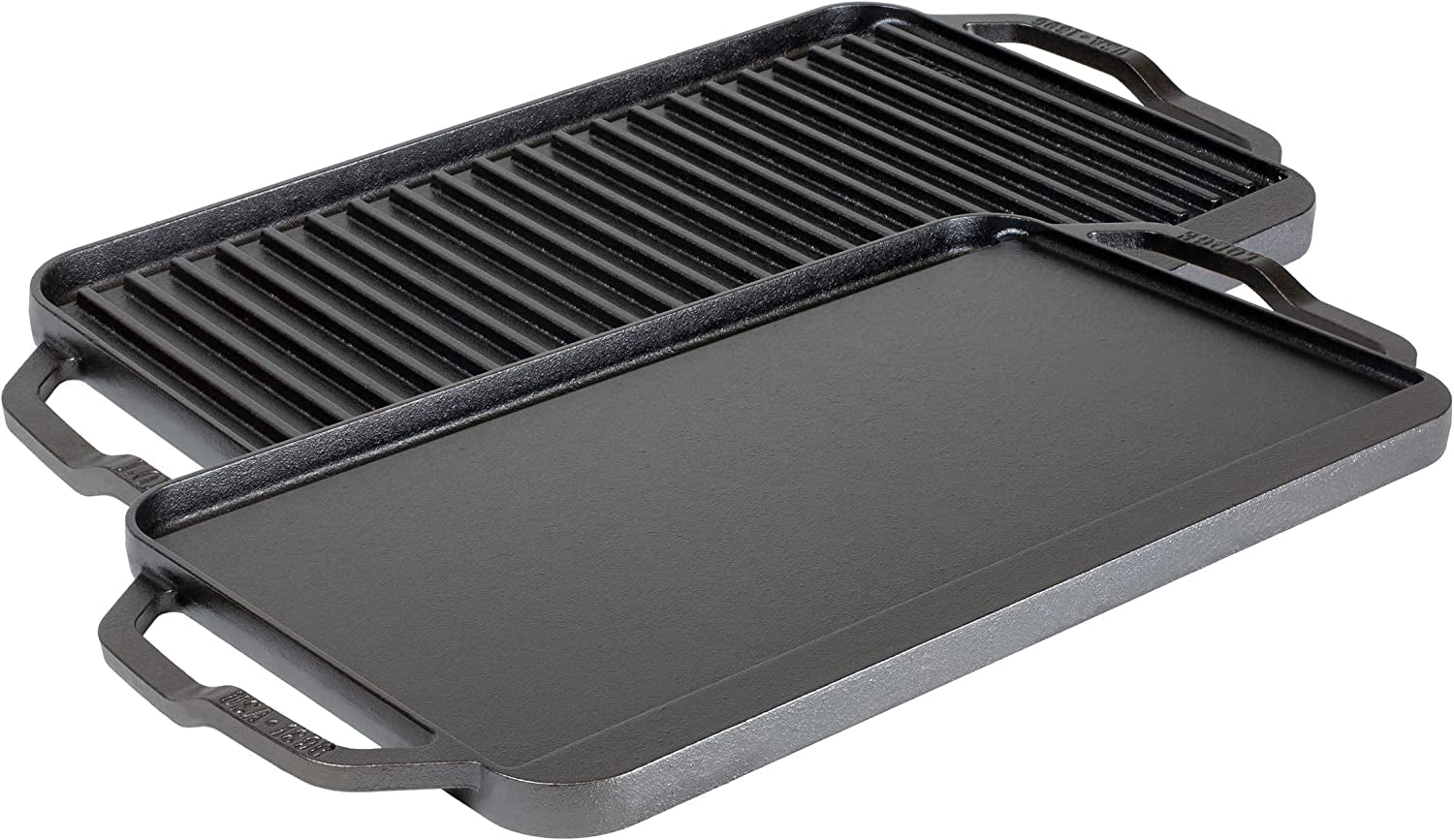 Chef Collection Cast Iron Reversible Grill/Griddle - Cast Iron Flat Griddle & Grill for Stovetop. Oven. Grill. or Open Fire - Double Burner Cast Iron Skillet with Handles