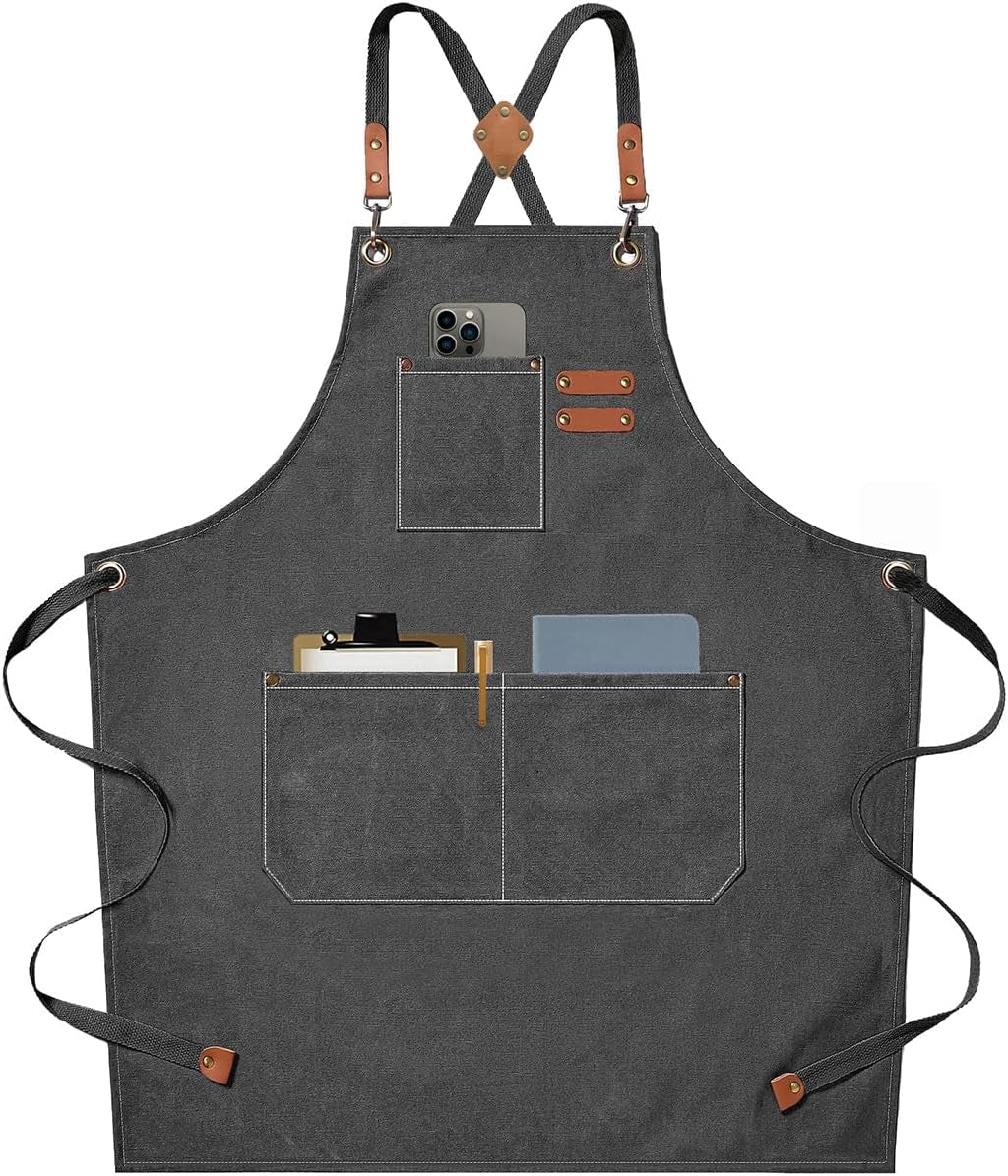 Chef Aprons for Men Women with Large Pockets. Cotton Canvas Cross Back Heavy Duty Adjustable Work Apron. Size M to Xxl(Grey)