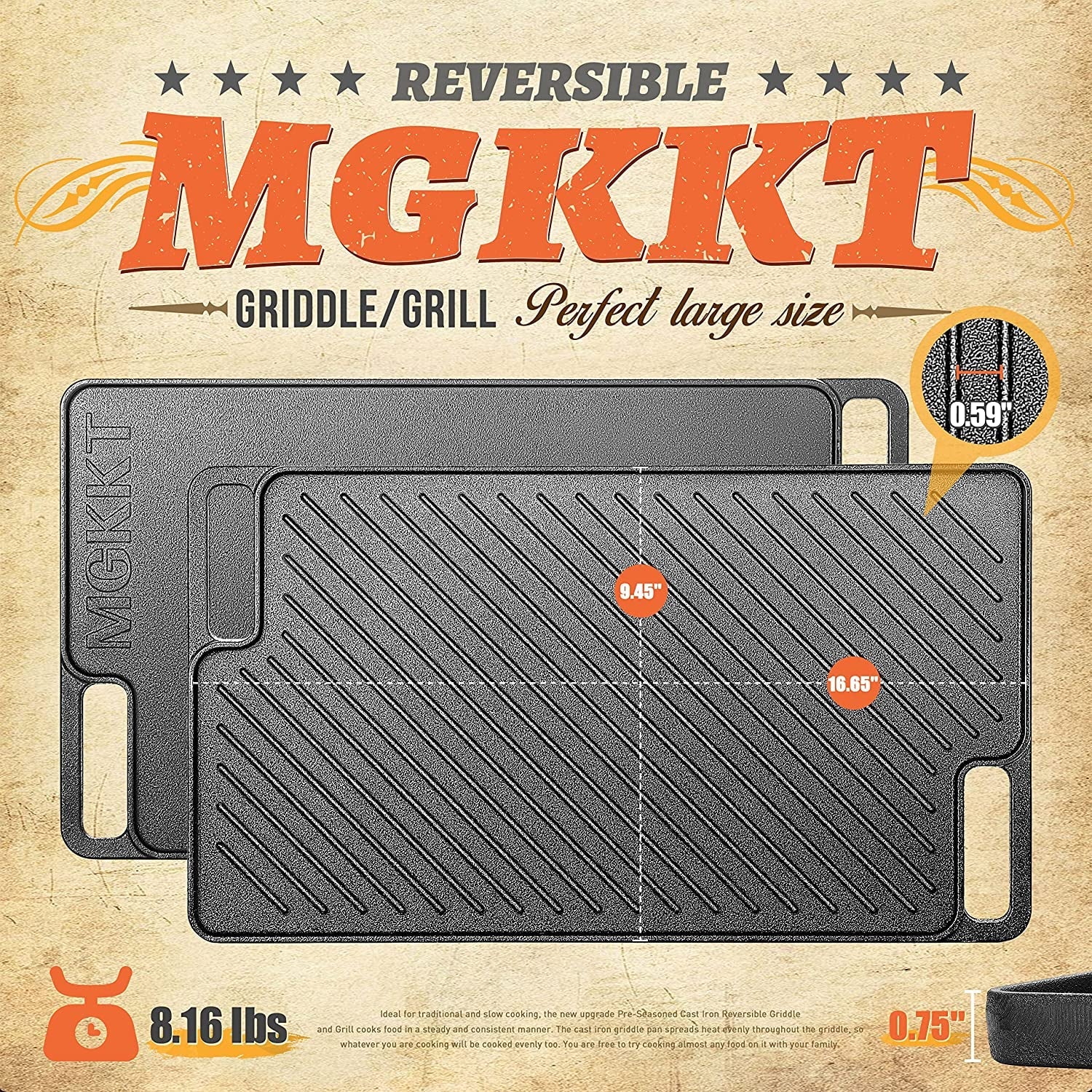 1-Piece 16.50 Inch Cast Iron Griddle Plate | Reversible Pre-Seasoned Cast Iron Grill Pan for Gas Stovetop | Double Sided Used on Open Fire & in Oven | Pre-Coated with Oil - Image 6