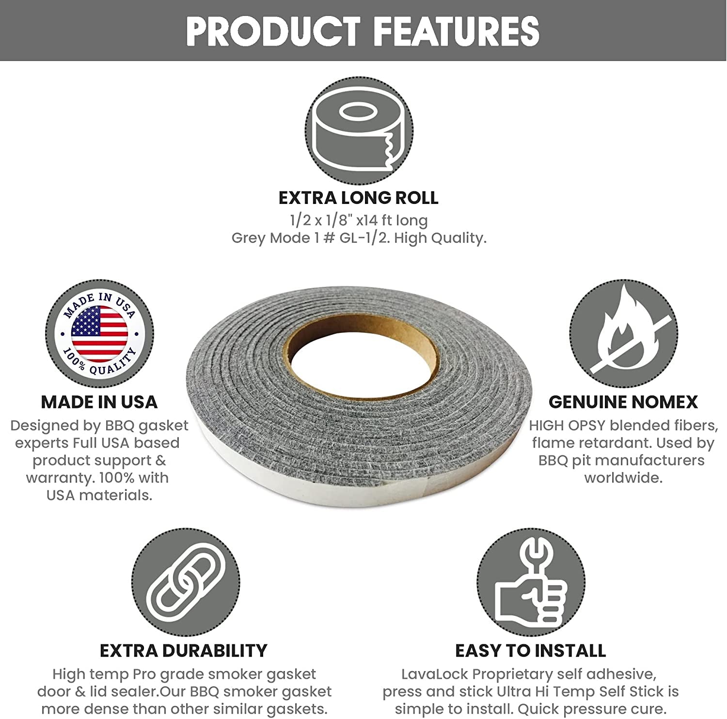 1/2 X 1/8 Lavalock High Temp BBQ Gasket Smoker Seal for Nomex Door Lid. Self Stick Grey - Image 2