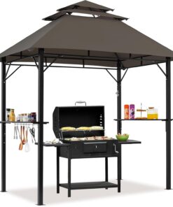 Yaheetech 8X5' Grill Gazebo. 3-Tier Outdoor BBQ Gazebo with Height-Adjustable Shelves & 10 S-Shaped Hooks & Built-In Bottle Opener. Brown