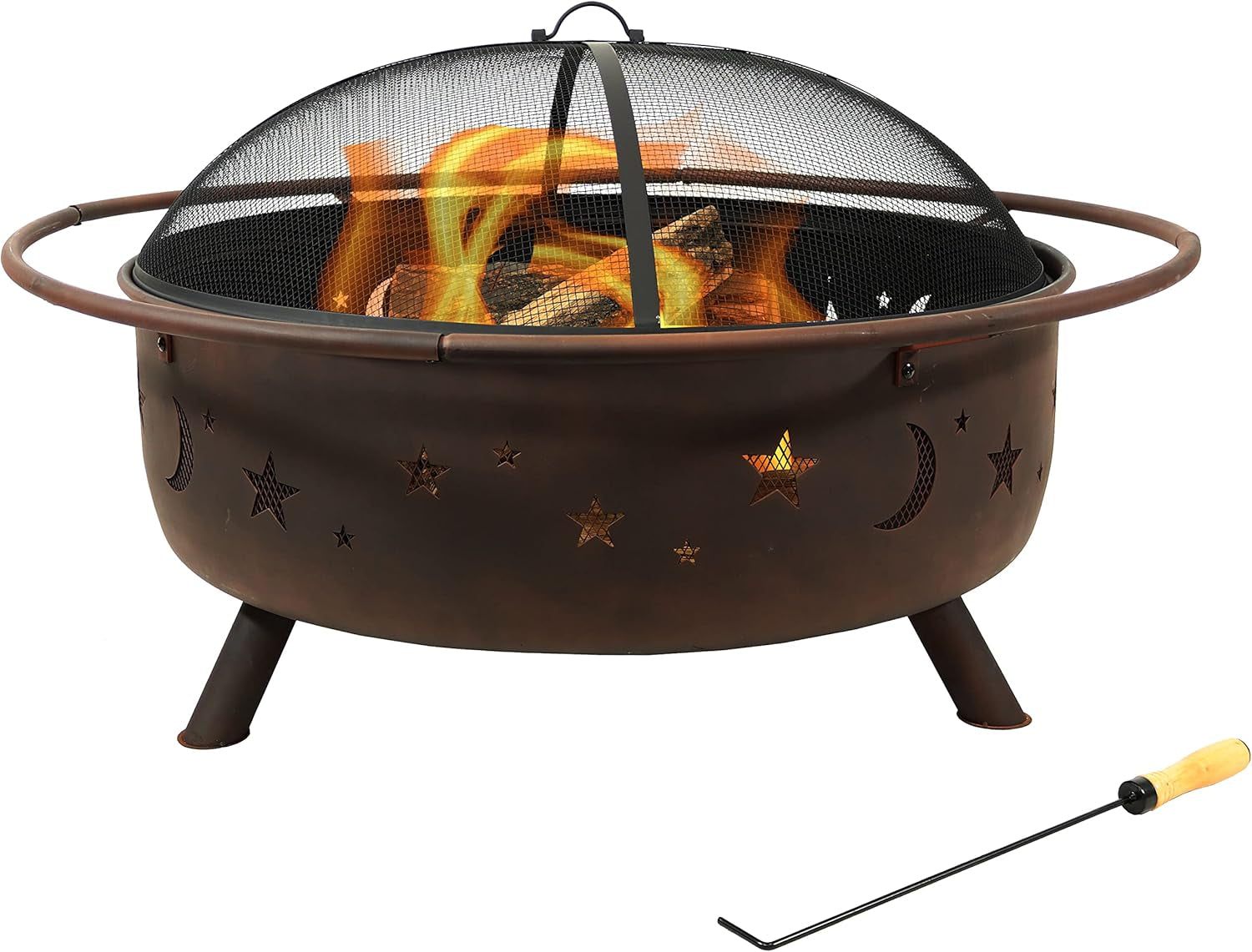Sunnydaze Cosmic 42-Inch Large Outdoor Fire Pit - Wood-Burning Fire Pit with round Spark Screen. Poker. and Built-In Grate - Image 10