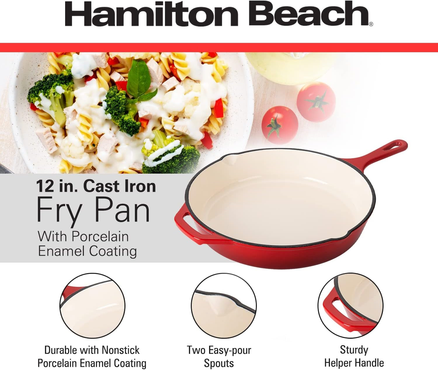Hamilton Beach Enameled Cast Iron Fry Pan 12-Inch Red. Cream Enamel Coating. Skillet Pan for Stove Top and Oven - Image 2