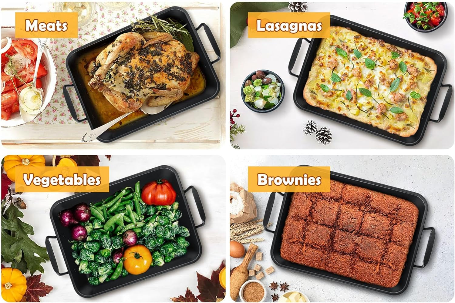 Teamfar Roasting Pan. 14Inch Coated Turkey Roaster Lasagna Pan with V-Shaped Rack & Flat Rack. Non-Stick Coating & Stainless Steel Core. Healthy & Heavy Duty. Deep Sides & Easy to Clean. Set of 3 - Image 5