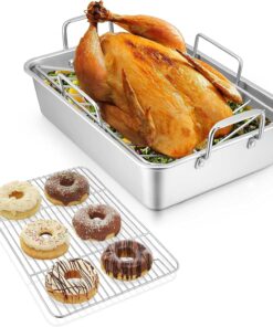 Roasting Pan with Rack Set of 3(Deep Broiling Pan & V-Shaped Rack & Flat Cooling Rack). Herogo 14 Inch Stainless Steel Turkey Roaster Pan for Thanksgiving Christmas. Dishwasher Safe