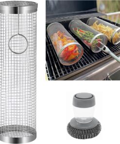 JAYUNSHY Stainless Steel Barbecue Cooking Grill Grate with Cleaning Brush. 12 Inch Rolling Grilling Basket Vegetable Grill Basket round BBQ Grill Mesh Portable Outdoor Camping BBQ Rack
