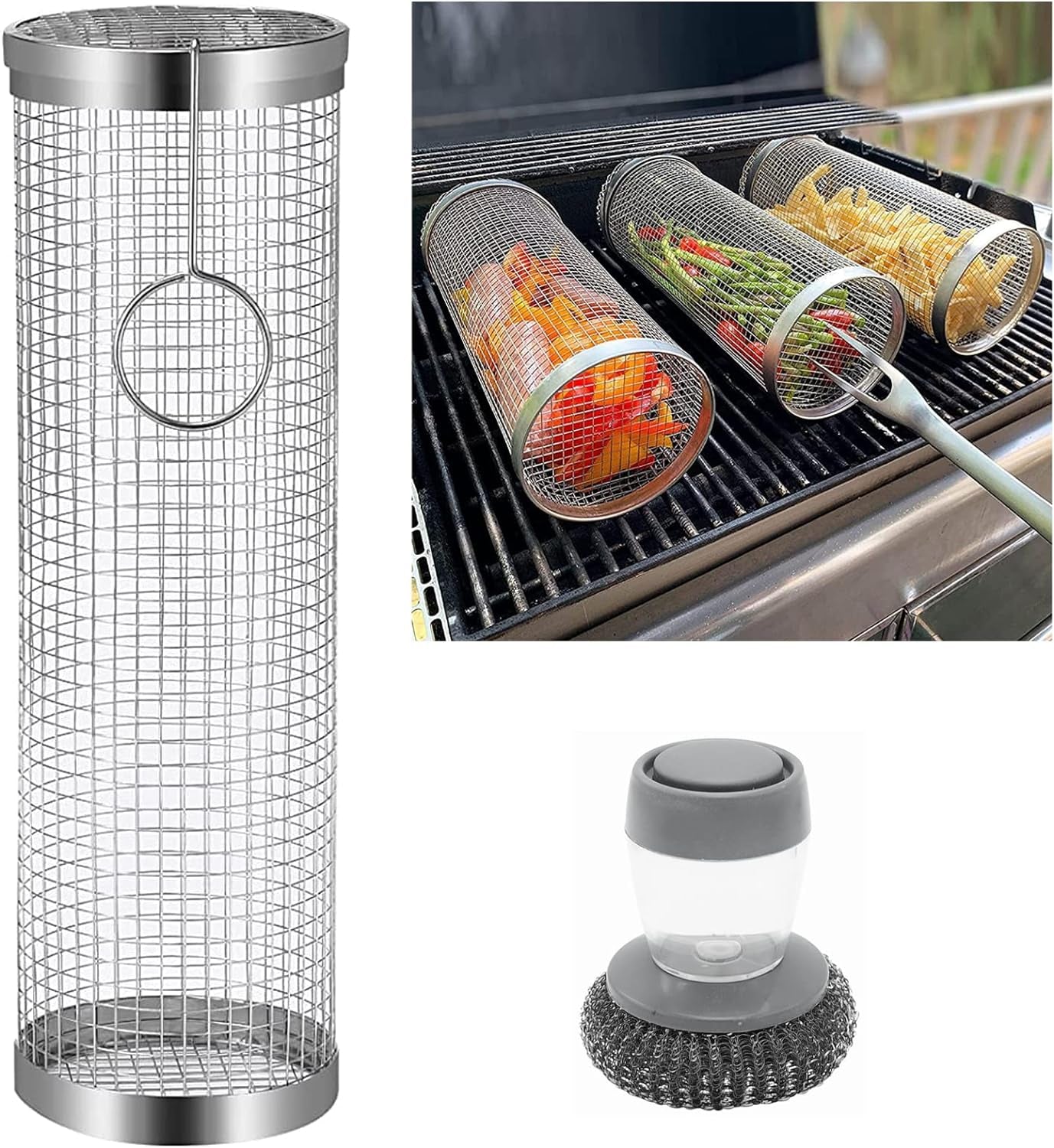 JAYUNSHY Stainless Steel Barbecue Cooking Grill Grate with Cleaning Brush. 12 Inch Rolling Grilling Basket Vegetable Grill Basket round BBQ Grill Mesh Portable Outdoor Camping BBQ Rack