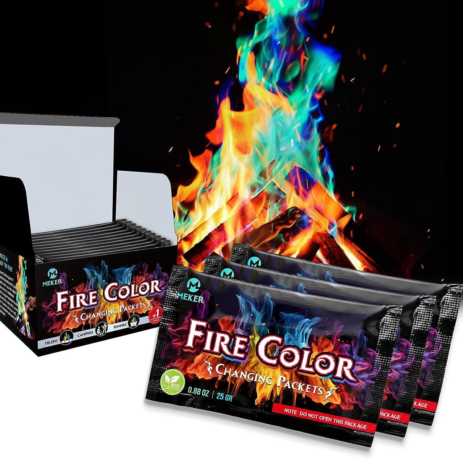 MEKER Fire Color Changing Packets - Fire Pit. Campfires. Outdoor Fireplaces. Bonfire - Magic Colorful Changing Fire - Perfect Fire Camping Accessories for Kids & Adults (12 Pack)