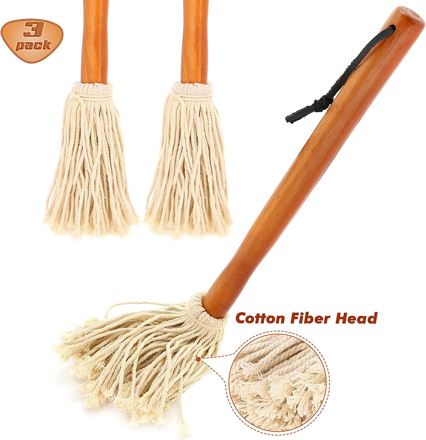16 BBQ Sauce Basting Mops & Brushes for Roasting or Grilling. Apply Barbeque. Marinade or Glazing. Cotton Fiber Head and Hardwood Handle. Dish Mop Style. Perfect for Cooking or Cleaning - Pack of 3 - Image 3