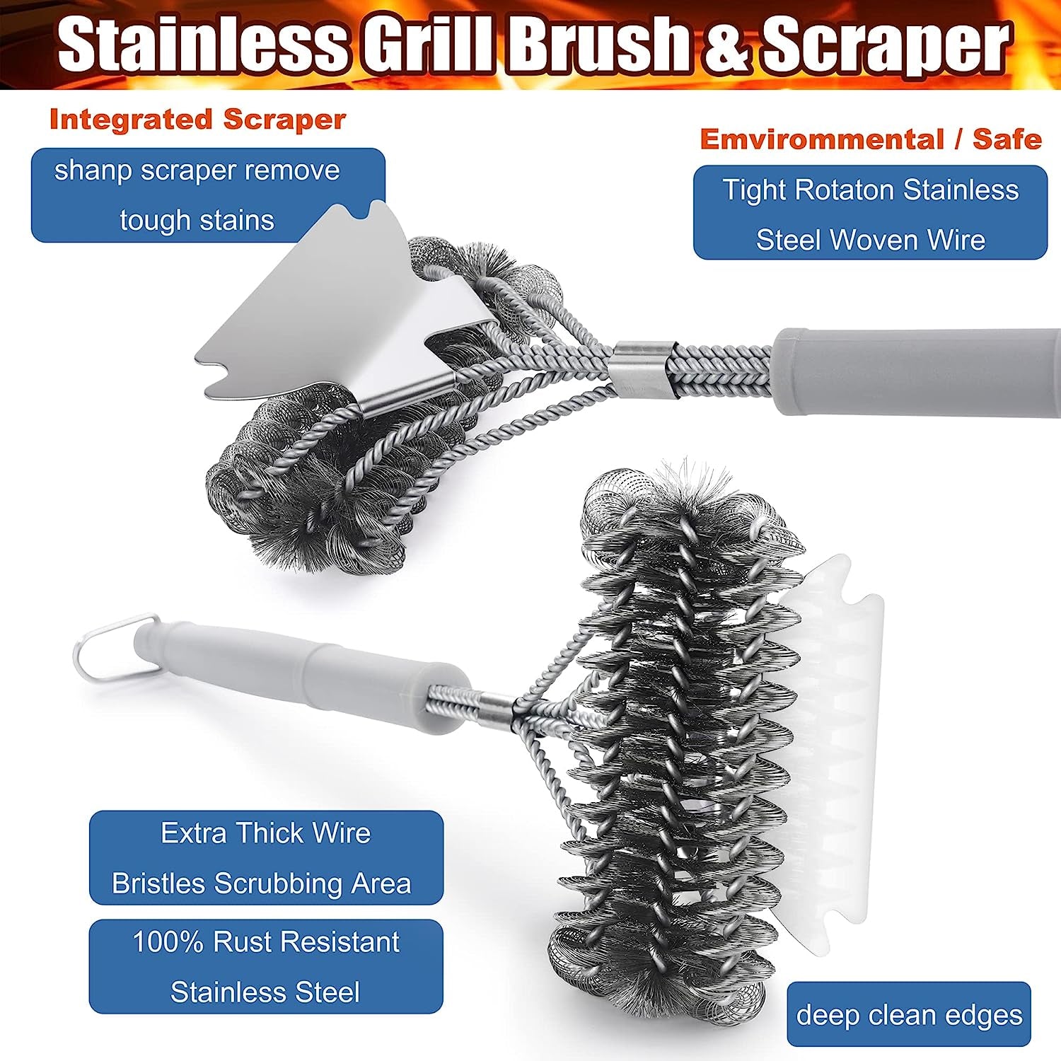 Grill Brush - Grill Brush for Outdoor Grill- BBQ Brush Safe & Efficient Cleaning - Woven W/Wire Combined Barbecue Bristles.18 Grill Cleaner Brush for Any Grill- BBQ Accessories Gifts for Men Dad - Image 2